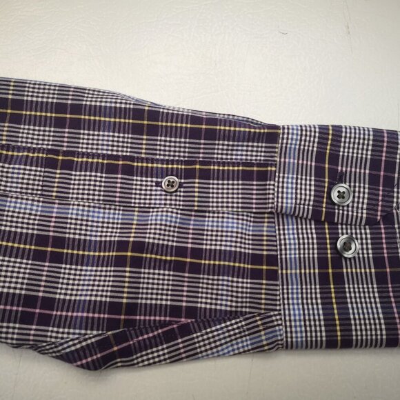 Banana Republic Men's Size Medium No Iron Slim Fit Purple White Blue Plaid Shirt - Picture 7 of 10